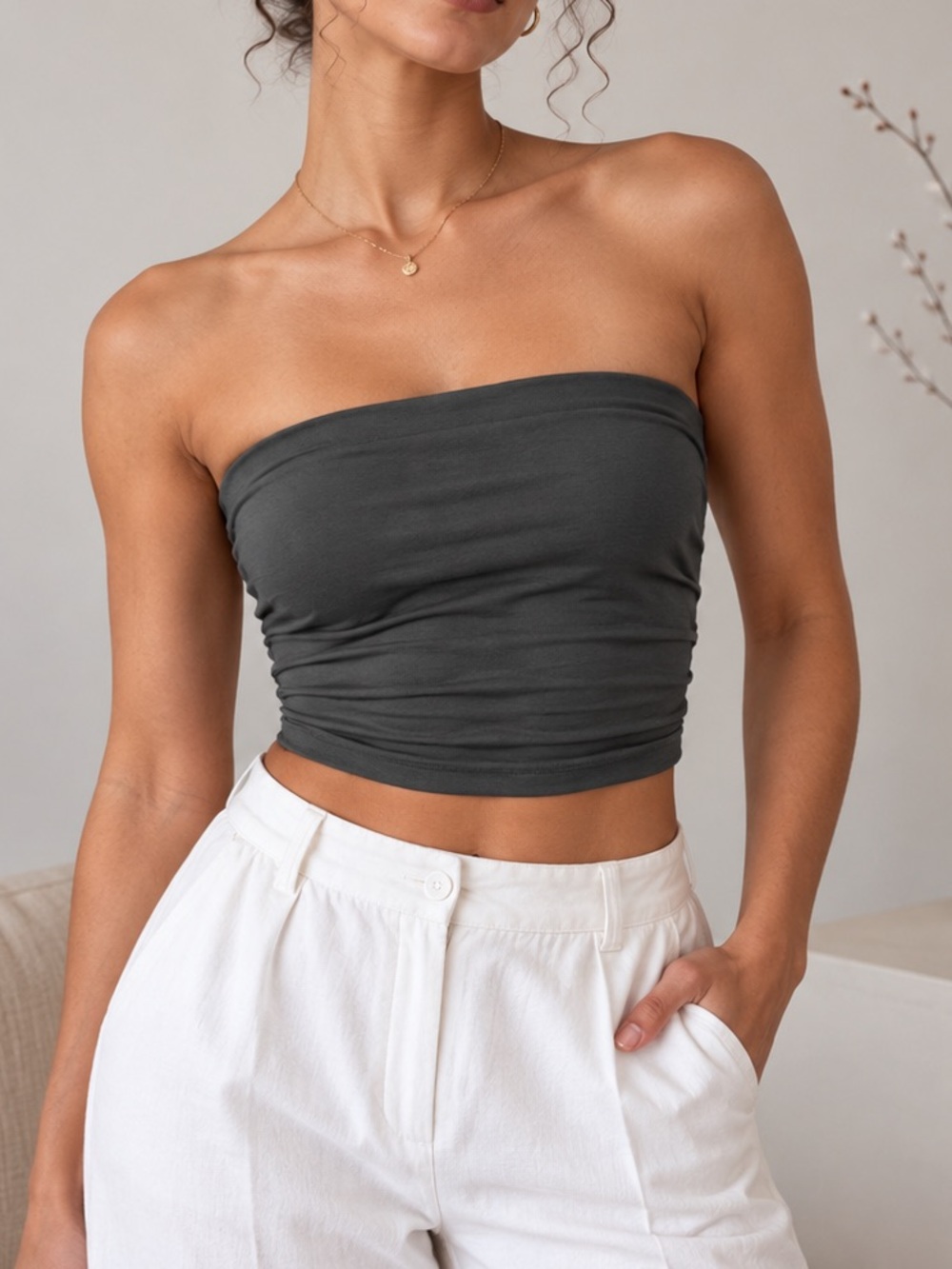 Women’s Strapless Bandeau Tube Top — Charcoal Gray